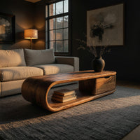Long loop coffee table with a side drawer box in a living room at golden hour