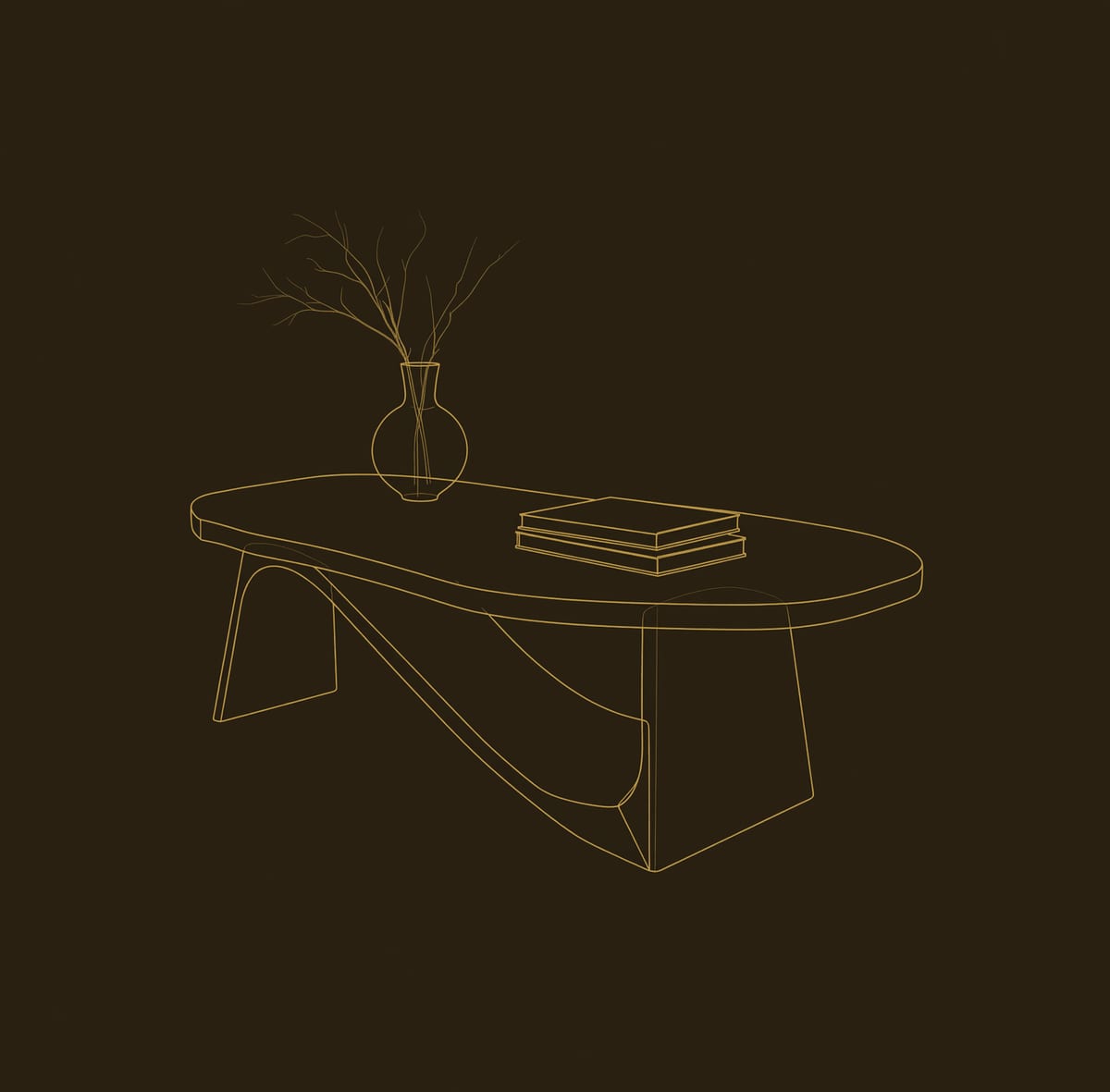 Coffee Table on Angled Plank Legs with a Swooping Brace dimension diagram
