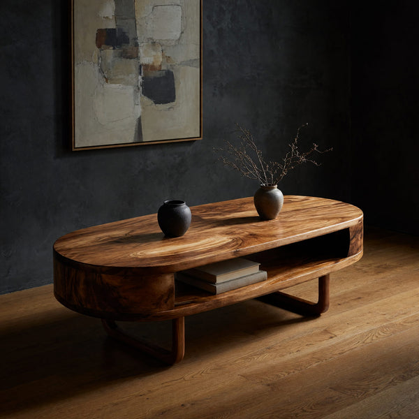 Coffee Table on Sled Runners with an Open Slot Shelf