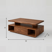 Coffee Table With A Floating Slab Top And Open Book Bays dimension diagram with width, height and depth