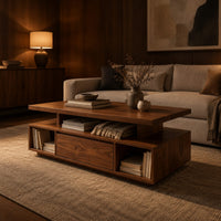 Coffee table with a floating slab top and open end bays in an evening living room with walnut wall paneling