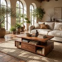 Coffee table with a floating slab top and open end bays in a bright living room with arched windows and plants
