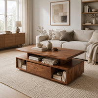 Coffee table with a floating slab top and open end bays in a Scandinavian living room with white walls