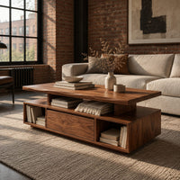 Coffee table with a floating slab top and open end bays in an industrial loft living room with exposed brick