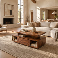 Coffee table with a floating slab top and open end bays in a bright open plan living room