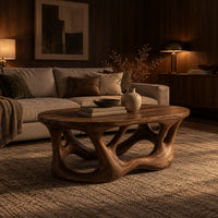 Oval coffee table with a branching root shaped base full of irregular openings in an evening living room with walnut wall paneling