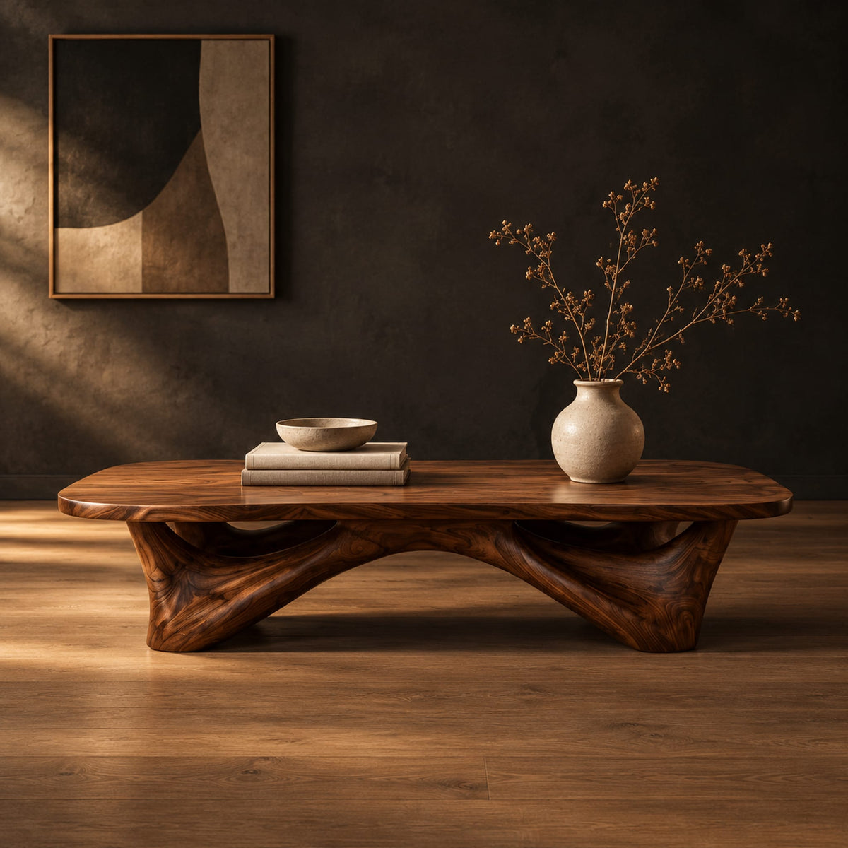 Low coffee table with a carved organic base and a soft edged top in a dark studio against a charcoal plaster wall