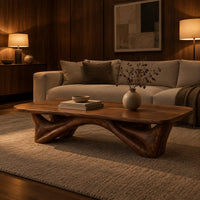 Low coffee table with a carved organic base and a soft edged top in an evening living room with walnut wall paneling