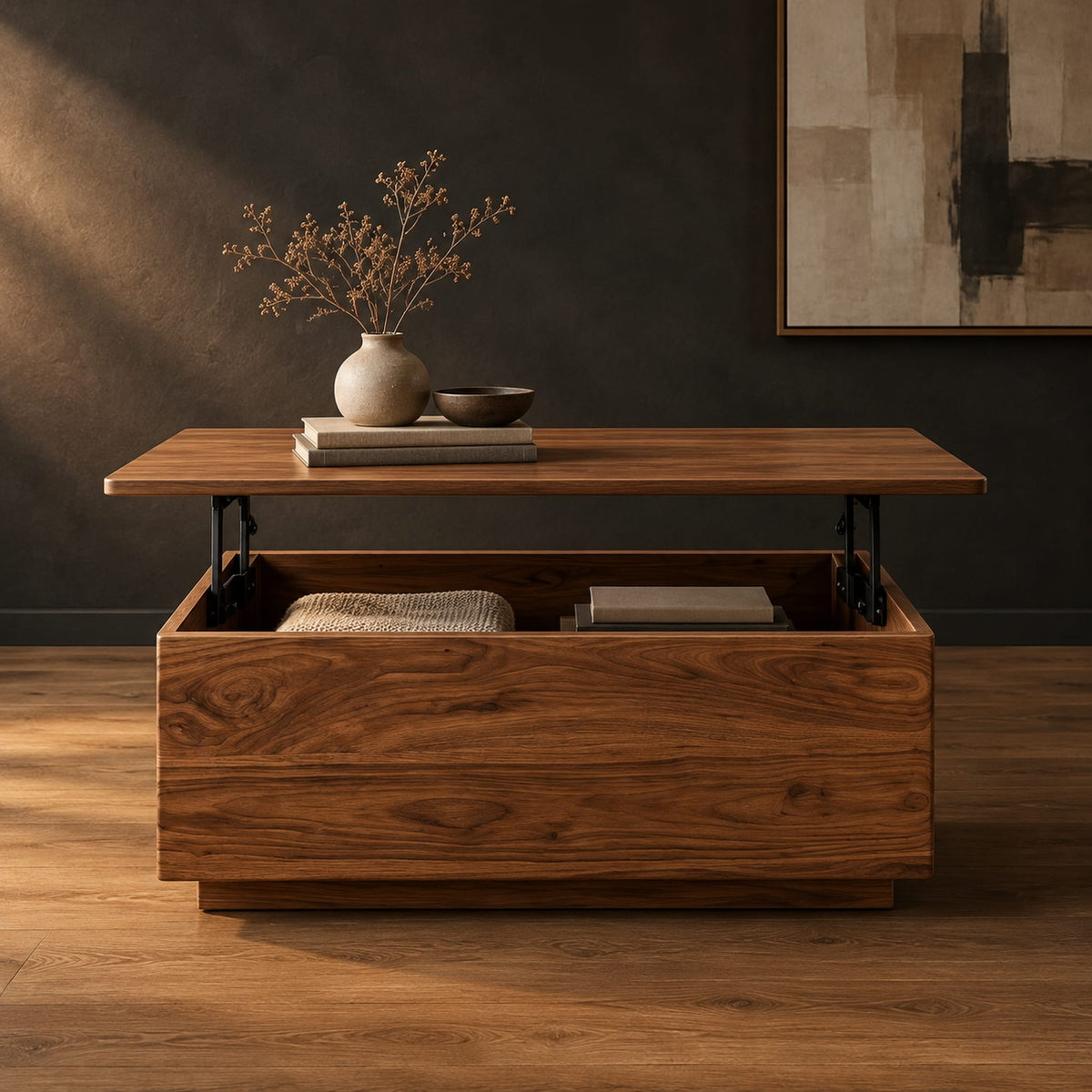 Boxy wooden coffee table with a lift up top on dark hinged arms in a dark studio against a charcoal plaster wall