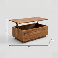 Coffee Table With Lift Up Top And Boxy Solid Wood Body dimension diagram with width, height and depth