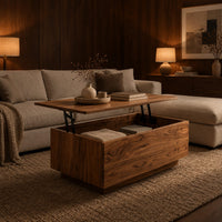 Boxy wooden coffee table with a lift up top on dark hinged arms in an evening living room with walnut wall paneling