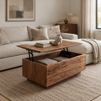 Boxy wooden coffee table with a lift up top on dark hinged arms in a Scandinavian living room with white walls