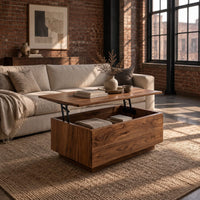 Boxy wooden coffee table with a lift up top on dark hinged arms in an industrial loft living room with exposed brick