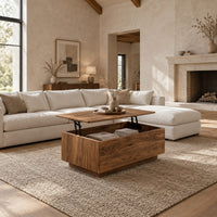 Boxy wooden coffee table with a lift up top on dark hinged arms in a bright open plan living room