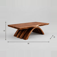 Coffee Table With Natural Edge Top On A Fanned Arch Base dimension diagram with width, height and depth