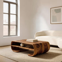 Coffee table with rolled ends and a double open shelf in a bright modern living room