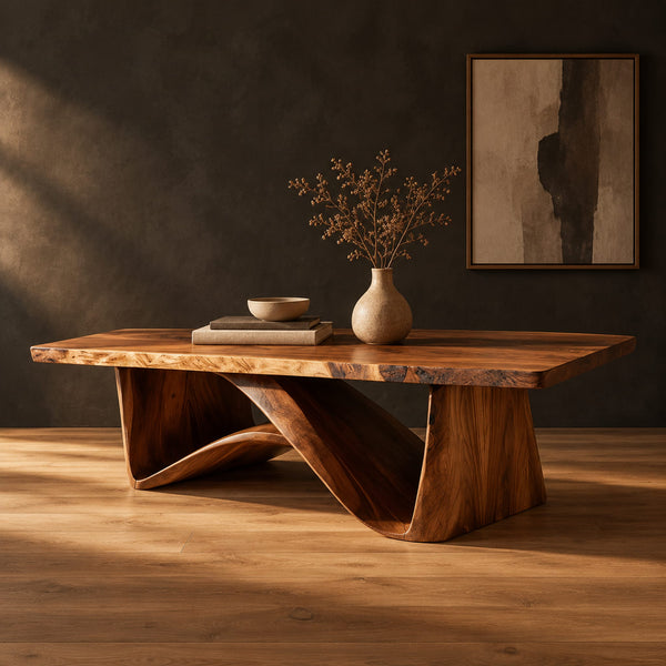 Coffee Table With Tapered Block Pedestal And Swooping Wood Loop