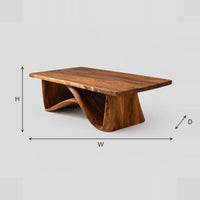 Coffee Table With Tapered Block Pedestal And Swooping Wood Loop dimension diagram with width, height and depth