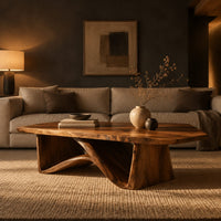 Coffee table with a tapered block pedestal and a swooping wood loop in a dark living room at golden hour