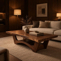 Coffee table with a thick slab top and arched pedestal legs in an evening living room with walnut wall paneling