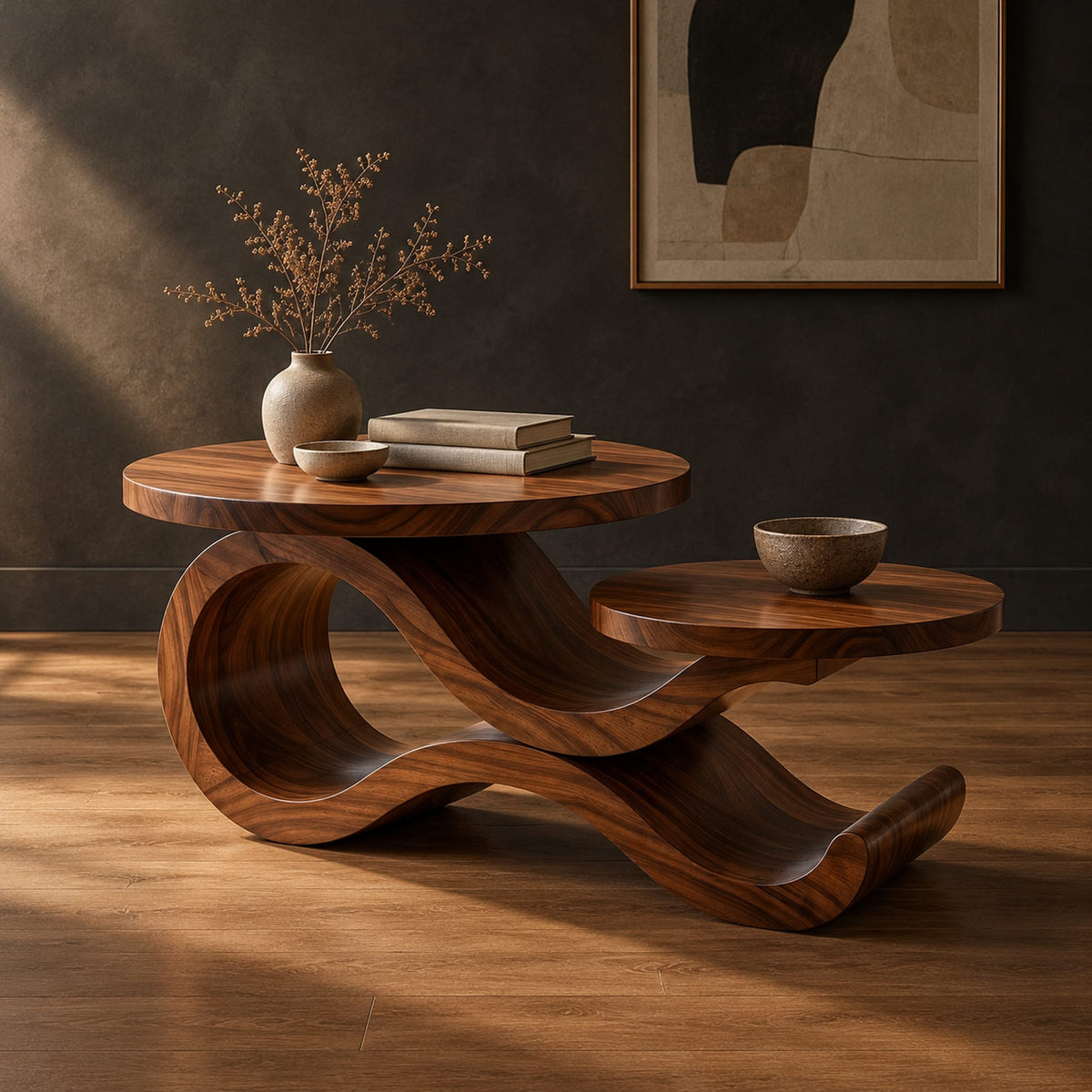 Wooden coffee table with two circular tops on a swooping ribbon base in a dark studio against a charcoal plaster wall