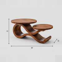 Coffee Table With Two Disc Tops On A Swooping Ribbon Base dimension diagram with width, height and depth
