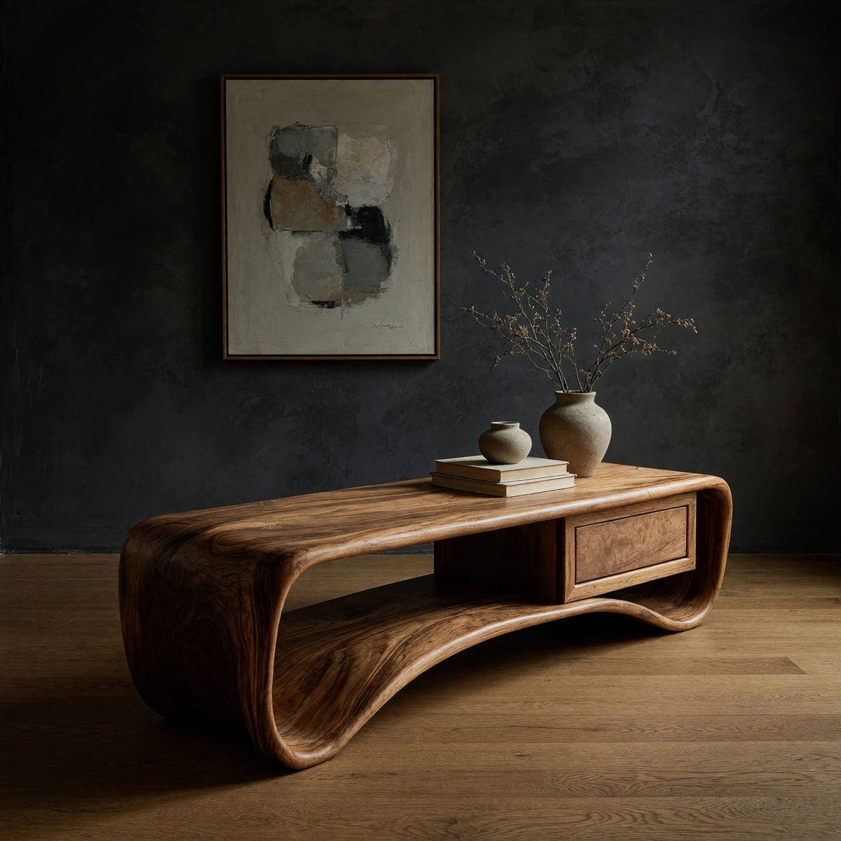 Compact loop coffee table with a small drawer in a dark studio against a charcoal wall