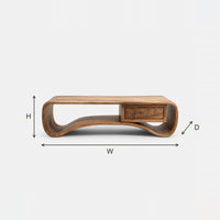 Compact Coffee Table with a Drawer, Hand Bent Loop Form dimension diagram with height, width and depth