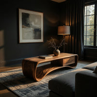 Compact loop coffee table with a small drawer in a living room at golden hour