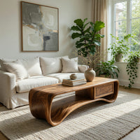 Compact loop coffee table with a small drawer in a sunlit room with large windows and plants