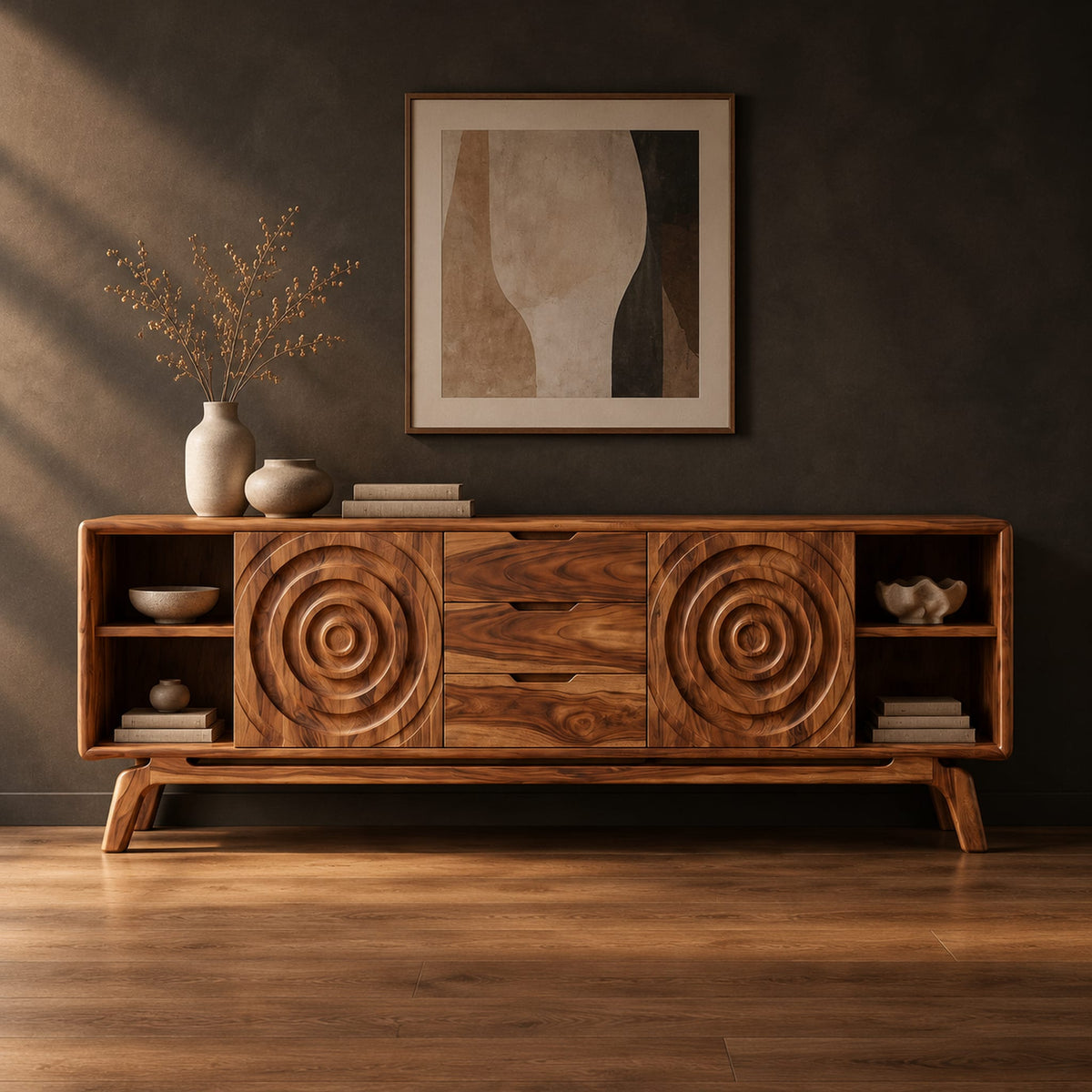 Sideboard with ring carved panels and open end shelves on angled legs in a dark studio against a charcoal plaster wall