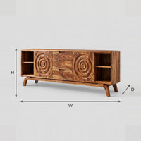 Concentric Ring Carved Sideboard Open End Shelves Angled Legs dimension diagram with width, height and depth
