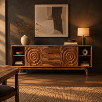 Sideboard with ring carved panels and open end shelves on angled legs in a dark dining room at golden hour