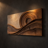 Rectangular wood wall art with concentric rings above flowing carved wave bands, three-quarter view showing the carved depth