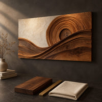 Detail of rectangular wood wall art with concentric rings above flowing carved wave bands beside wood, brass and linen samples