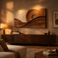 Rectangular wood wall art with concentric rings above flowing carved wave bands above a low console in an evening living room