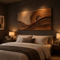 Rectangular wood wall art with concentric rings above flowing carved wave bands above a bed in a dusk lit bedroom