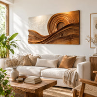 Rectangular wood wall art with concentric rings above flowing carved wave bands in a bright sunroom with green plants