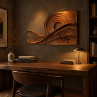 Rectangular wood wall art with concentric rings above flowing carved wave bands above a desk in a dark study corner