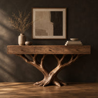 Console table with three front panels on a branching tree shaped base in a dark studio against a charcoal plaster wall