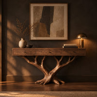 Console table with three front panels on a branching tree shaped base in a dark entryway at golden hour
