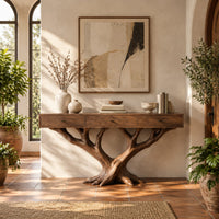Console table with three front panels on a branching tree shaped base in a bright entryway with arched windows and plants