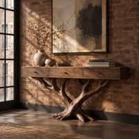 Console table with three front panels on a branching tree shaped base in an industrial loft entryway with exposed brick