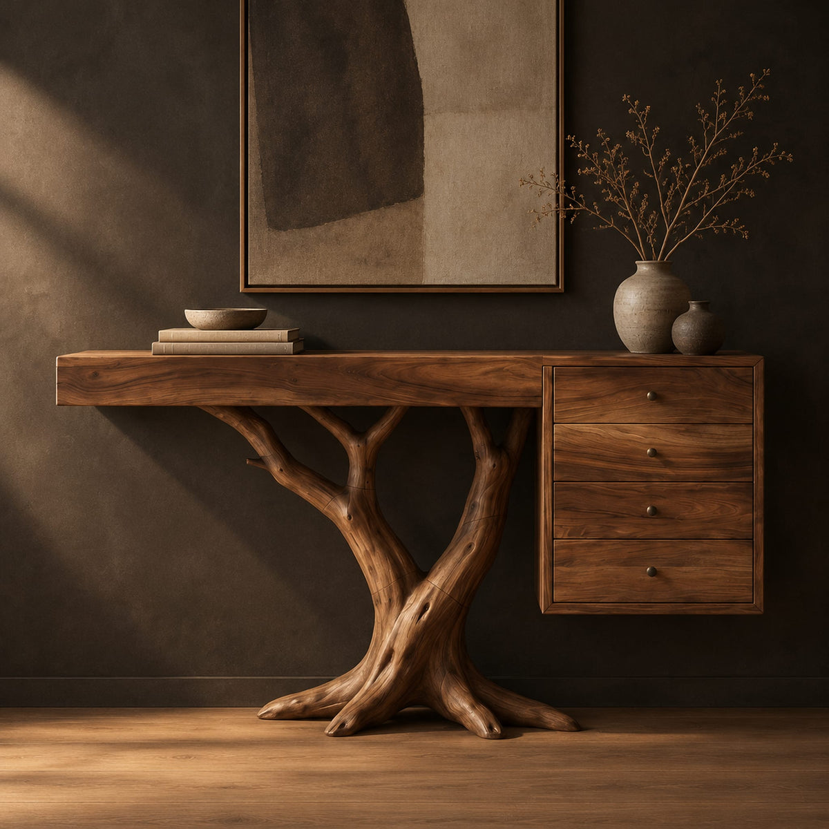 Console table on a branching trunk base with a four drawer block in a dark studio against a charcoal plaster wall