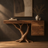 Console table on a branching trunk base with a four drawer block in a dark studio against a charcoal plaster wall
