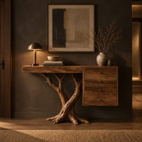 Console table on a branching trunk base with a four drawer block in a dark entryway at golden hour