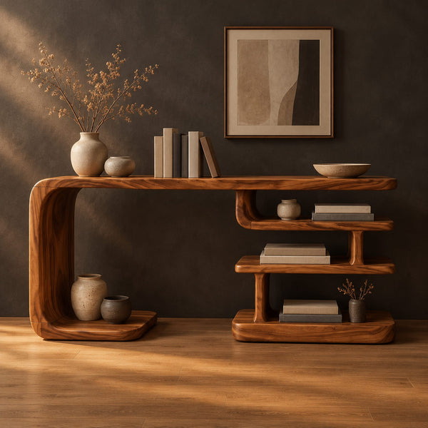 Console Table With A C Shaped Side Support And Stacked Open Shelves