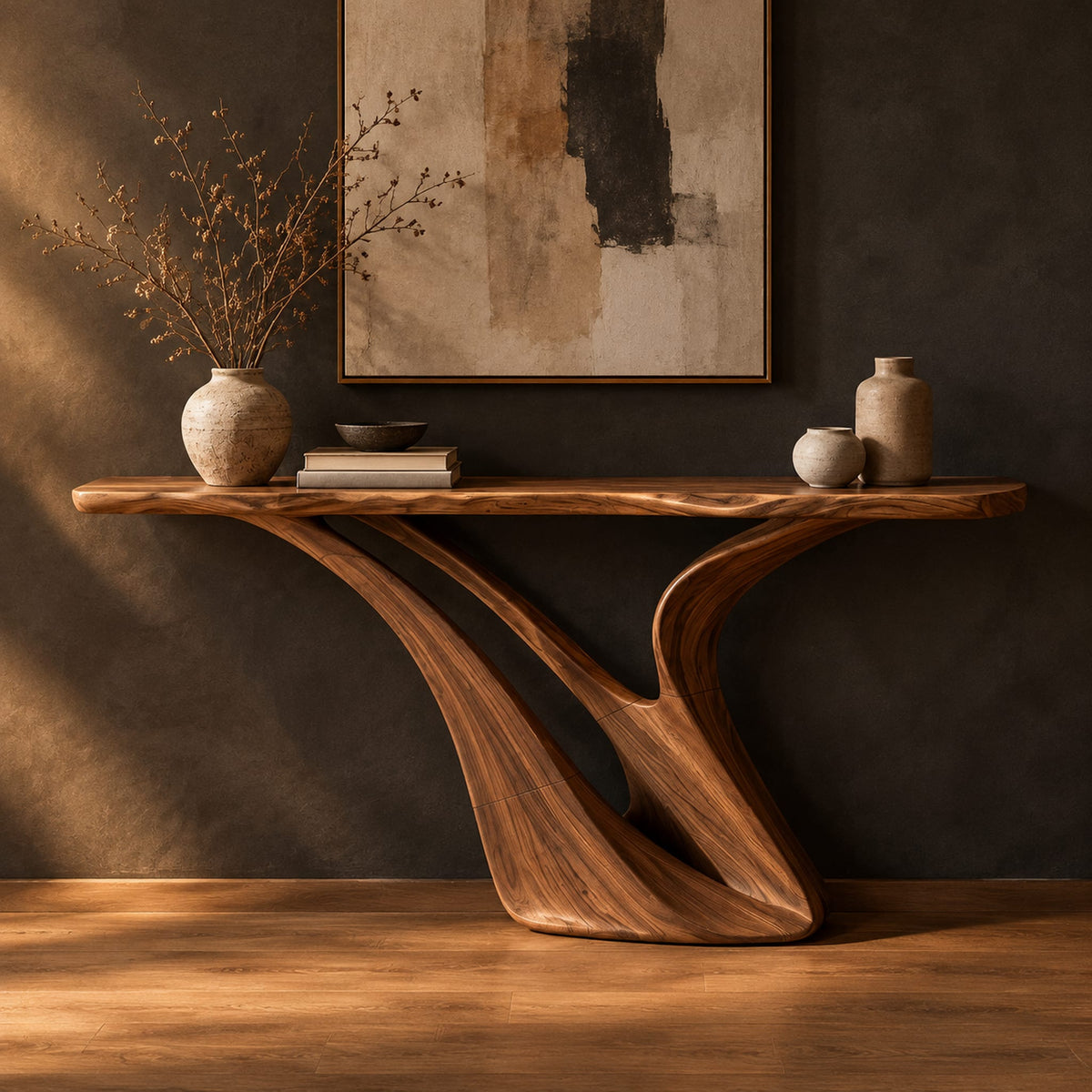 Console table with a slim top on a sculpted swooping base in a dark studio against a charcoal plaster wall