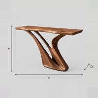 Console Table With A Sculpted Swooping Base And Slim Wood Top dimension diagram with width, height and depth