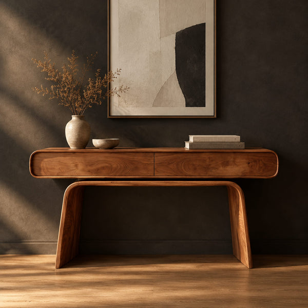 Console Table With A Slim Two Panel Top And Arched Slab Legs